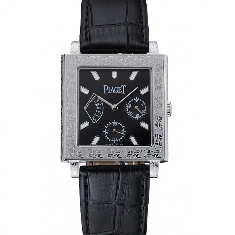 Piaget Emperador Limited Edition mit schwarzem Ziffernblatt mit eingraviertem Silber-Fall-Schwarz-Leder-Armband 1454136
