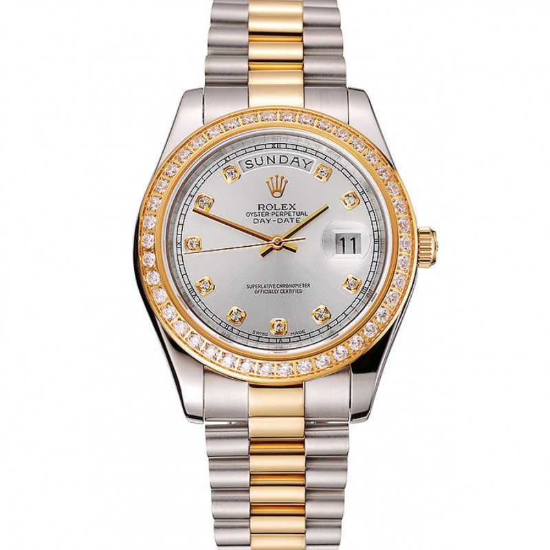 Schweizer Rolex Day-Date weiße Zifferblatt Gold-Diamant-Kasten Zwei Ton-Edelstahl-Armband 1453971